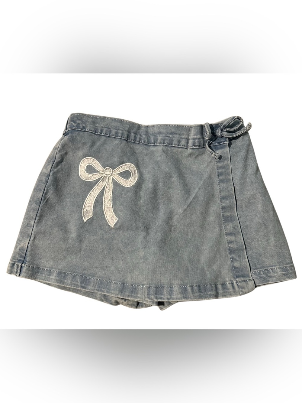 Denim Wrap Skort with Embroidered Bow
